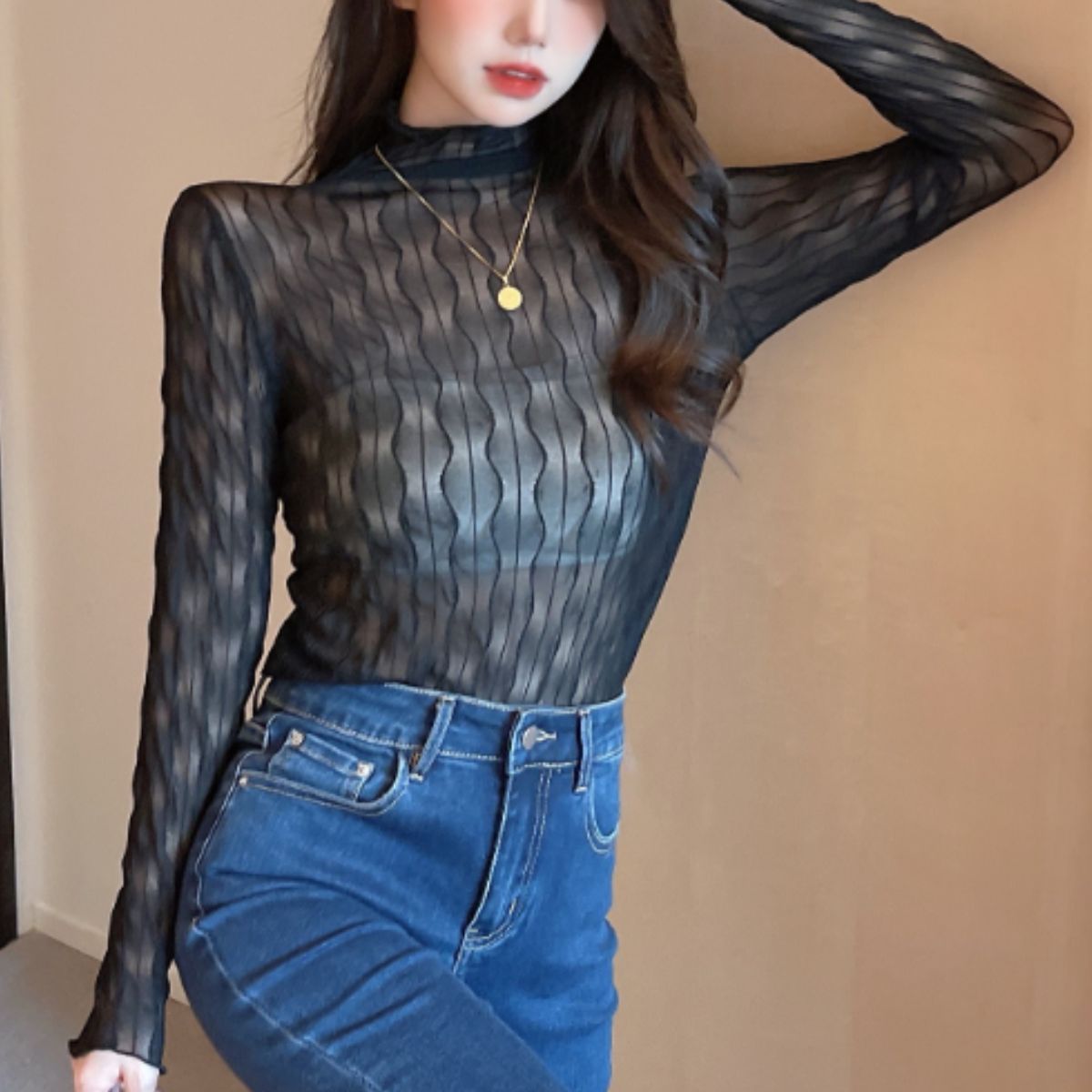ベルシー Belle Cie シアートップス ハイネック 長袖 透け感 インナー シースルー レディース 重ね着 かわいい おしゃれ 上品 シンプル 肌見せ レイヤード 柄 総柄