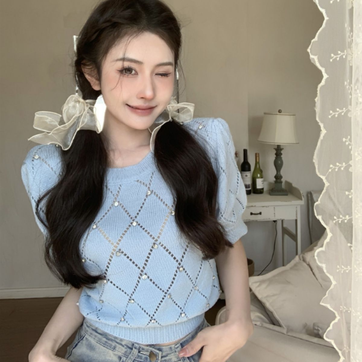 ベルシー Belle Cie サマーニット トップス 半袖 ビジュー きれいめ ショート丈 春 レディース 韓国ファッション オフィス 大人 かわいい フィット ダイヤ おしゃれ （ブルー） ブルー