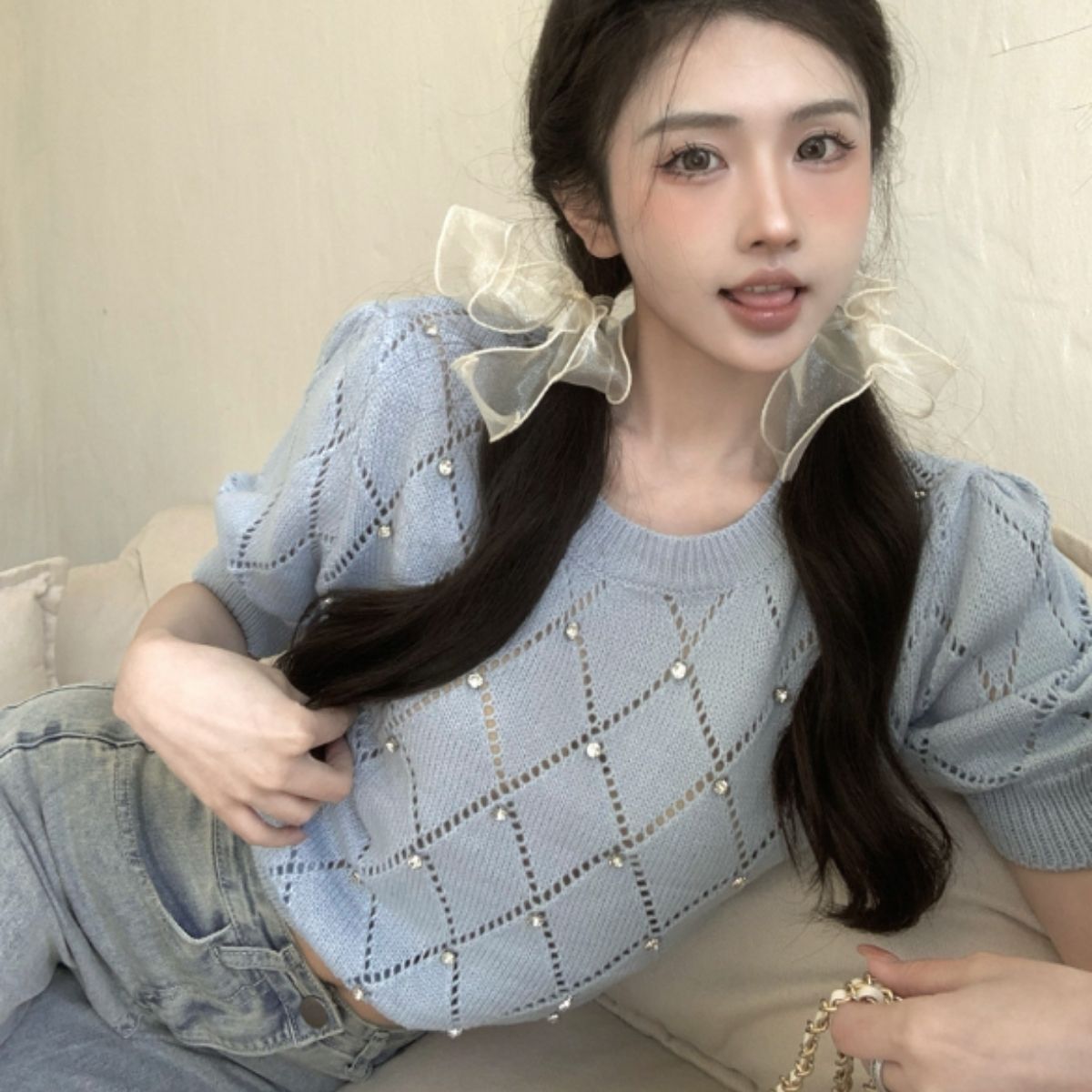 ベルシー Belle Cie サマーニット トップス 半袖 ビジュー きれいめ ショート丈 春 レディース 韓国ファッション オフィス 大人 かわいい フィット ダイヤ おしゃれ （ブルー） ブルー