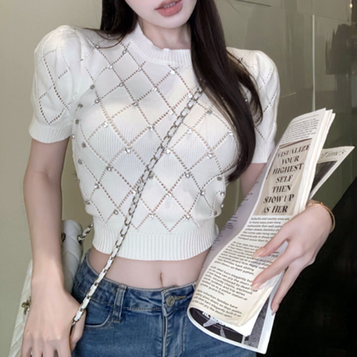 ベルシー Belle Cie サマーニット トップス 半袖 ビジュー きれいめ ショート丈 春 レディース 韓国ファッション オフィス 大人 かわいい フィット ダイヤ おしゃれ （ブルー） ブルー