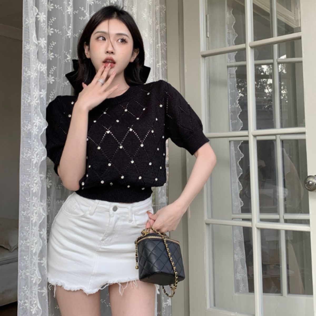 ベルシー Belle Cie サマーニット トップス 半袖 ビジュー きれいめ ショート丈 春 レディース 韓国ファッション オフィス 大人 かわいい フィット ダイヤ おしゃれ （ブルー） ブルー