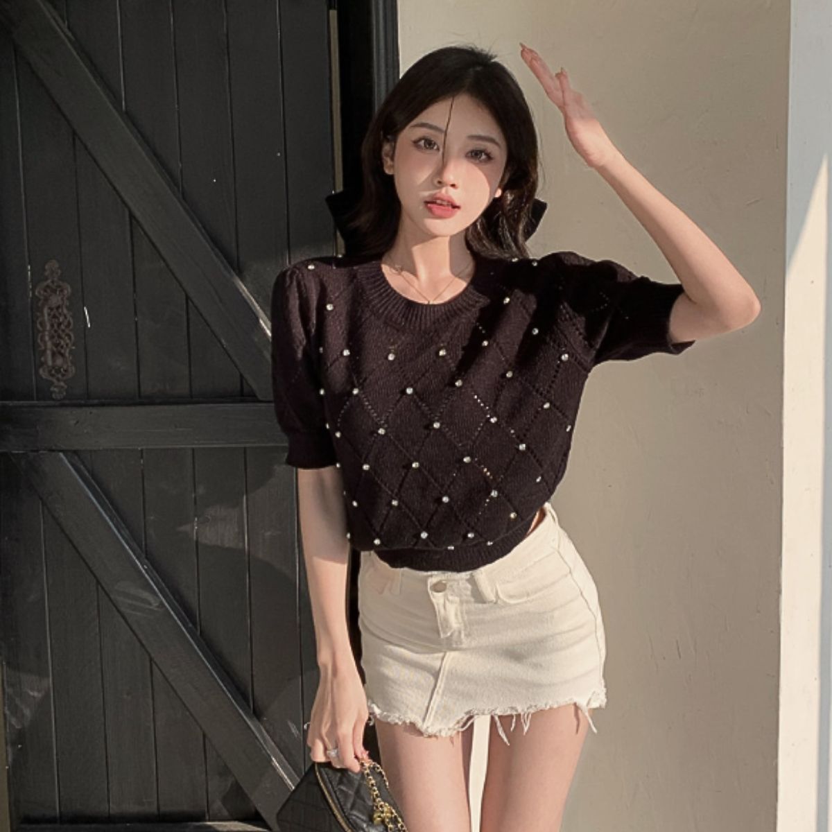 ベルシー Belle Cie サマーニット トップス 半袖 ビジュー きれいめ ショート丈 春 レディース 韓国ファッション オフィス 大人 かわいい フィット ダイヤ おしゃれ （ブルー） ブルー