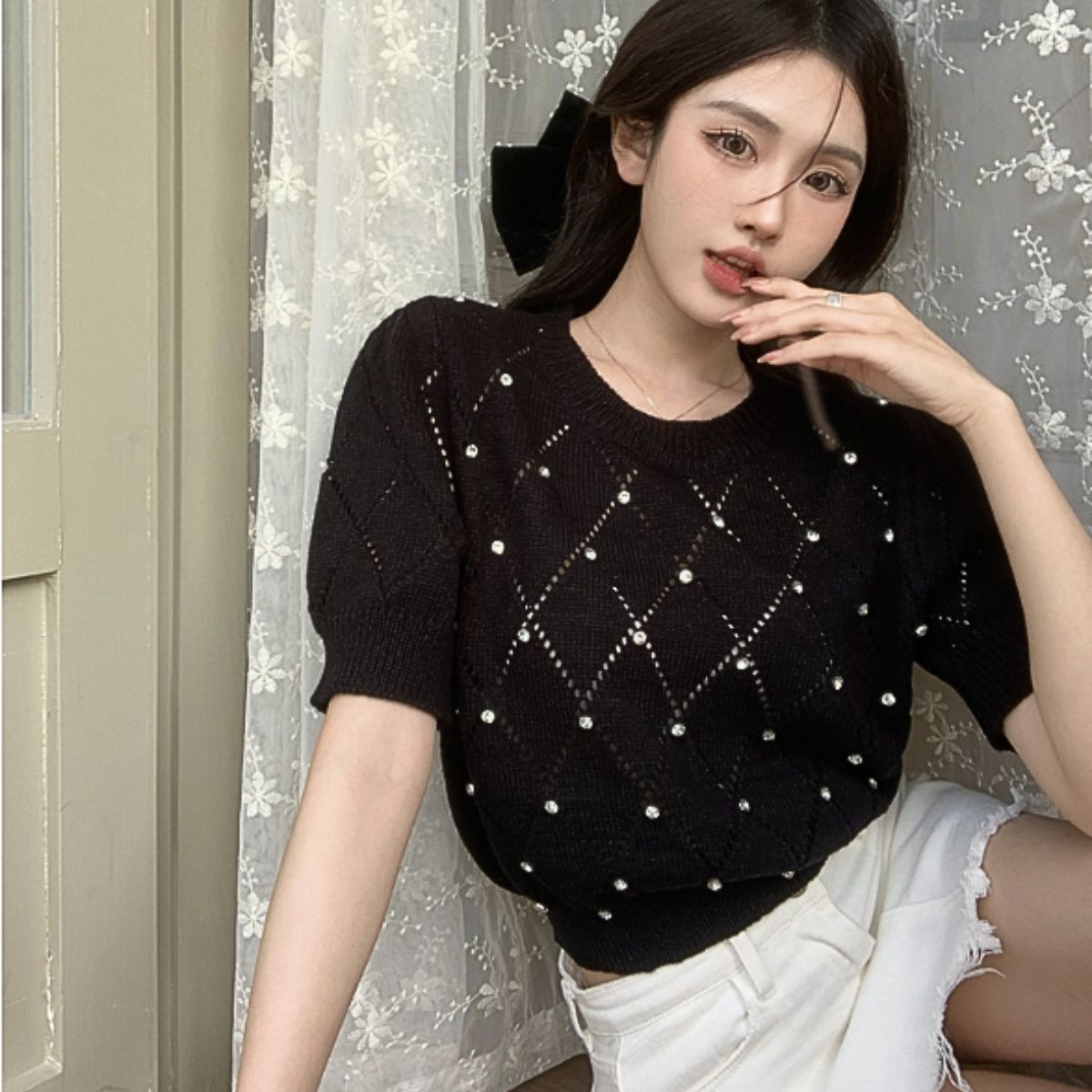 ベルシー Belle Cie サマーニット トップス 半袖 ビジュー きれいめ ショート丈 春 レディース 韓国ファッション オフィス 大人 かわいい フィット ダイヤ おしゃれ （ブルー） ブルー