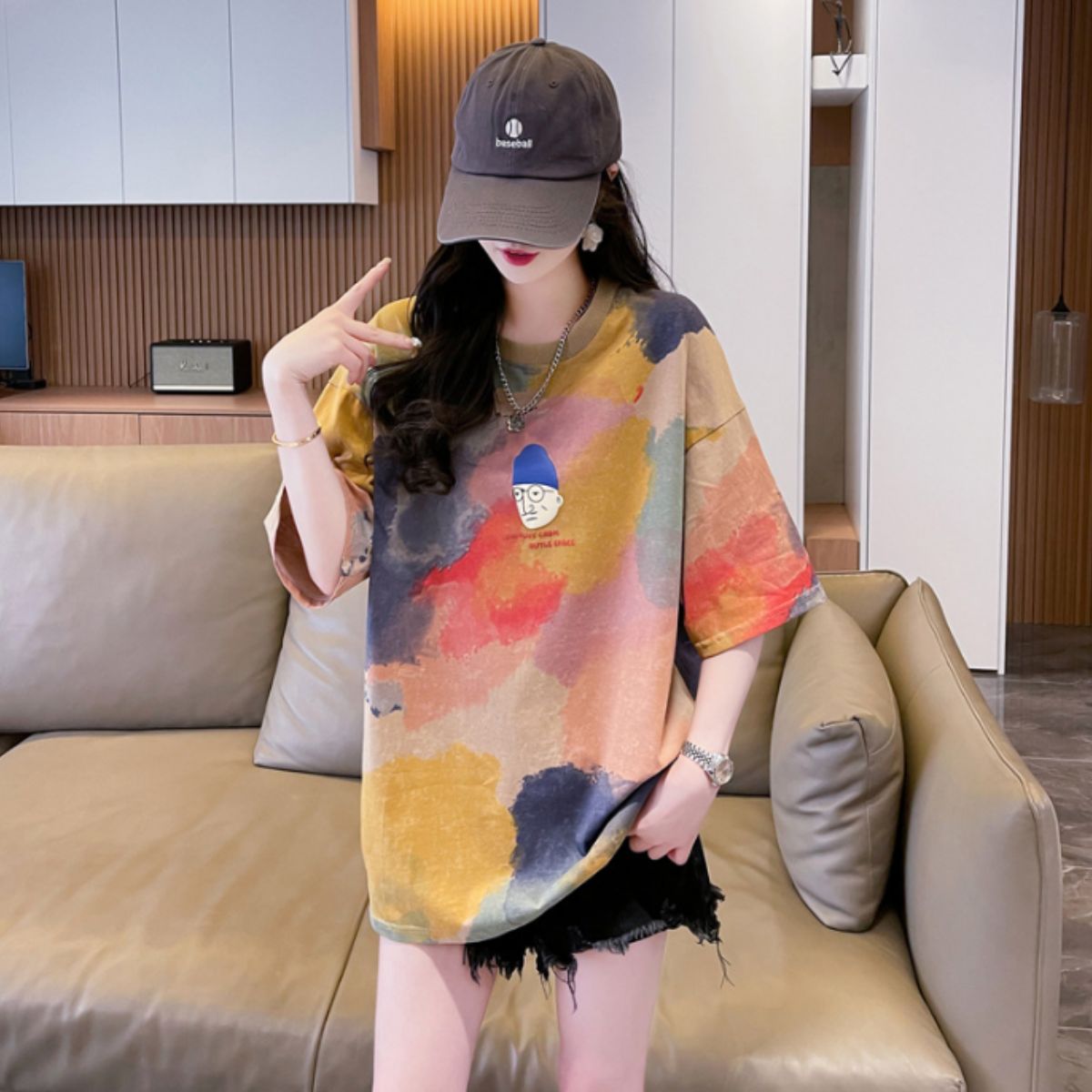 ベルシー Belle Cie Tシャツ トップス 半袖 タイダイ 柄 絞り 水彩 イラスト カラフル ユニーク おじさん レディース 韓国ファッション おもしろ 個性的 春夏 （ベージュ） ベージュ