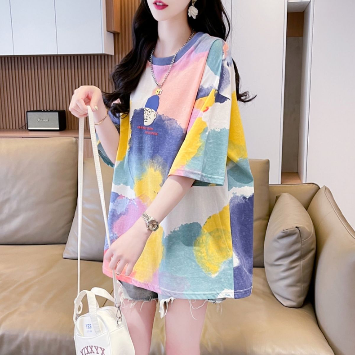 ベルシー Belle Cie Tシャツ トップス 半袖 タイダイ 柄 絞り 水彩 イラスト カラフル ユニーク おじさん レディース 韓国ファッション おもしろ 個性的 春夏 （ベージュ） ベージュ