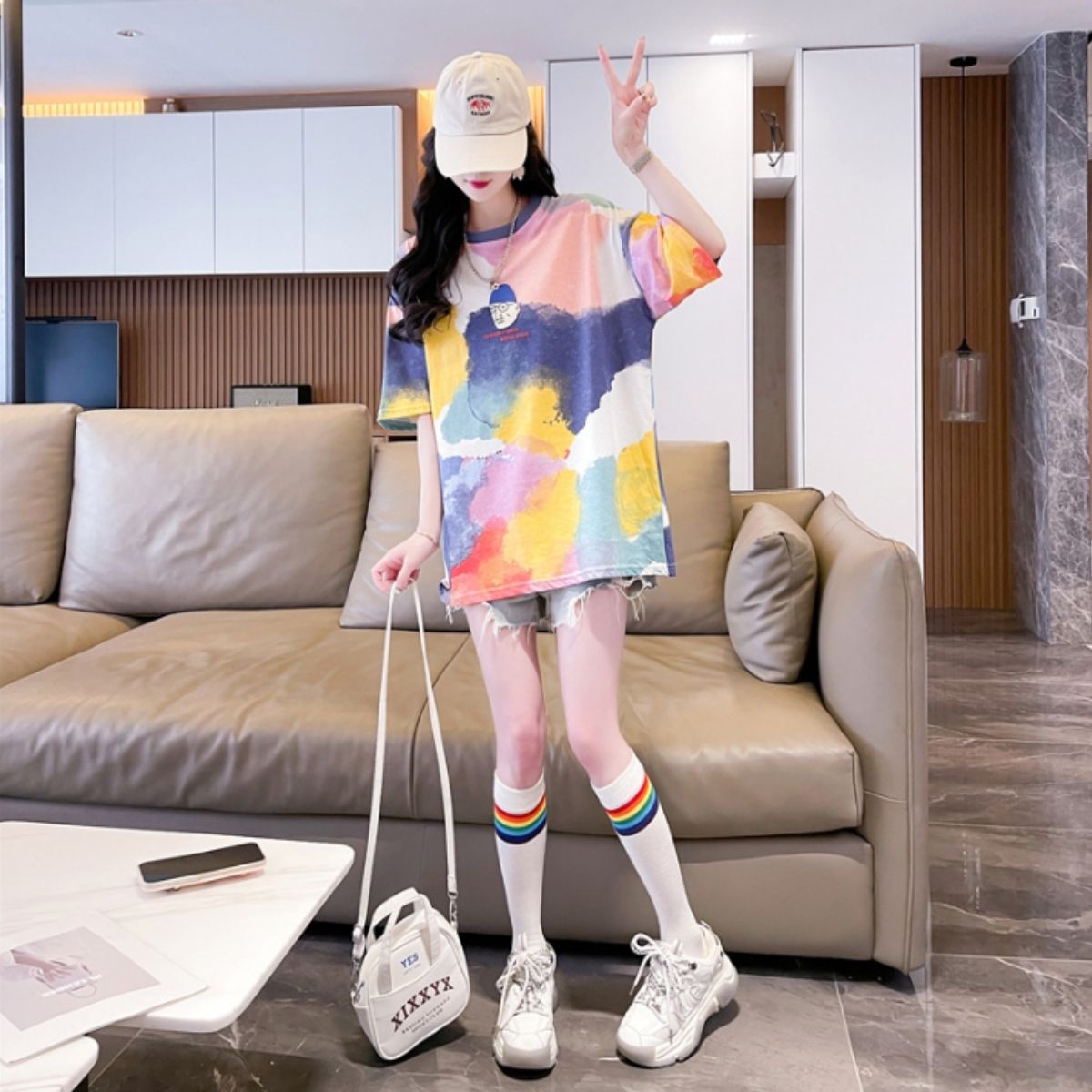 ベルシー Belle Cie Tシャツ トップス 半袖 タイダイ 柄 絞り 水彩 イラスト カラフル ユニーク おじさん レディース 韓国ファッション おもしろ 個性的 春夏 （ベージュ） ベージュ