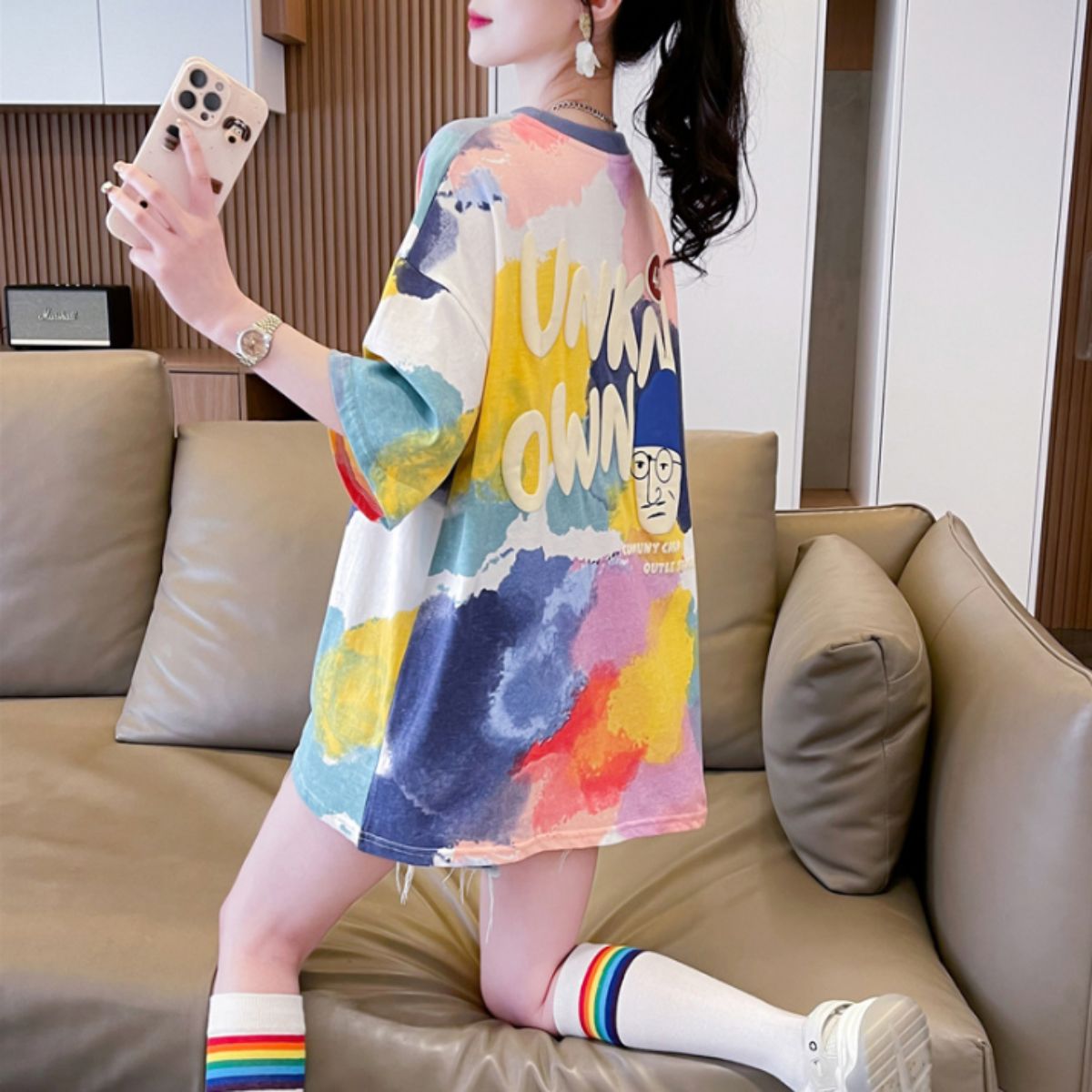 ベルシー Belle Cie Tシャツ トップス 半袖 タイダイ 柄 絞り 水彩 イラスト カラフル ユニーク おじさん レディース 韓国ファッション おもしろ 個性的 春夏 （ベージュ） ベージュ