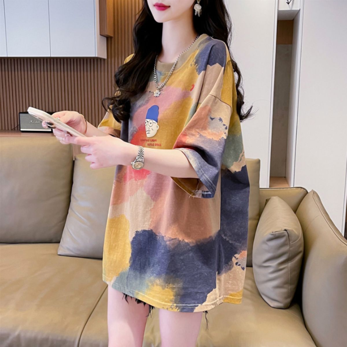 ベルシー Belle Cie Tシャツ トップス 半袖 タイダイ 柄 絞り 水彩 イラスト カラフル ユニーク おじさん レディース 韓国ファッション おもしろ 個性的 春夏 （ベージュ） ベージュ