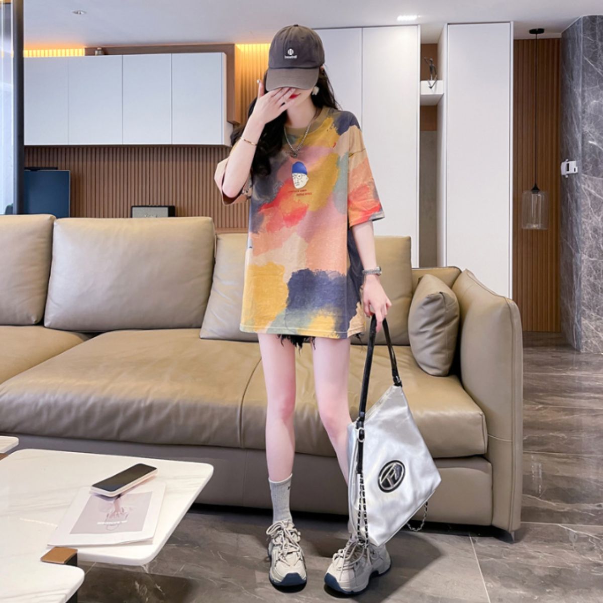 ベルシー Belle Cie Tシャツ トップス 半袖 タイダイ 柄 絞り 水彩 イラスト カラフル ユニーク おじさん レディース 韓国ファッション おもしろ 個性的 春夏 （ベージュ） ベージュ