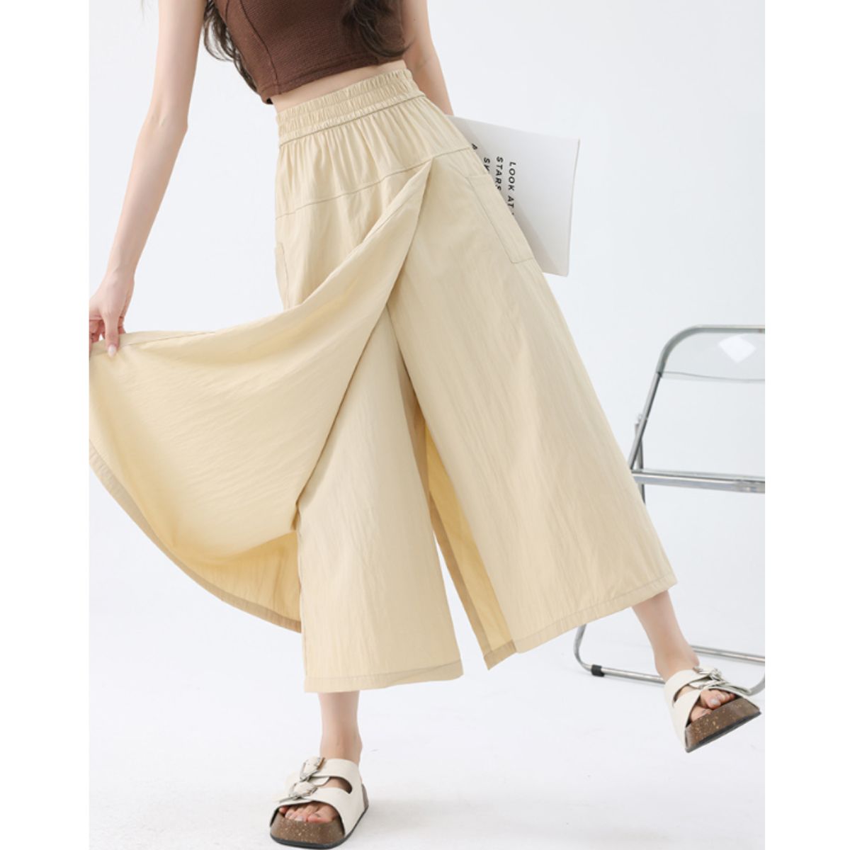 ベルシー Belle Cie ガウチョ スカート ラップパンツ ウエストゴム ミモレ丈 春夏 レディース 韓国ファッション 無地 さらさら 楽ちん 体型カバー シンプル かわいい （ベージュ） ベージュ