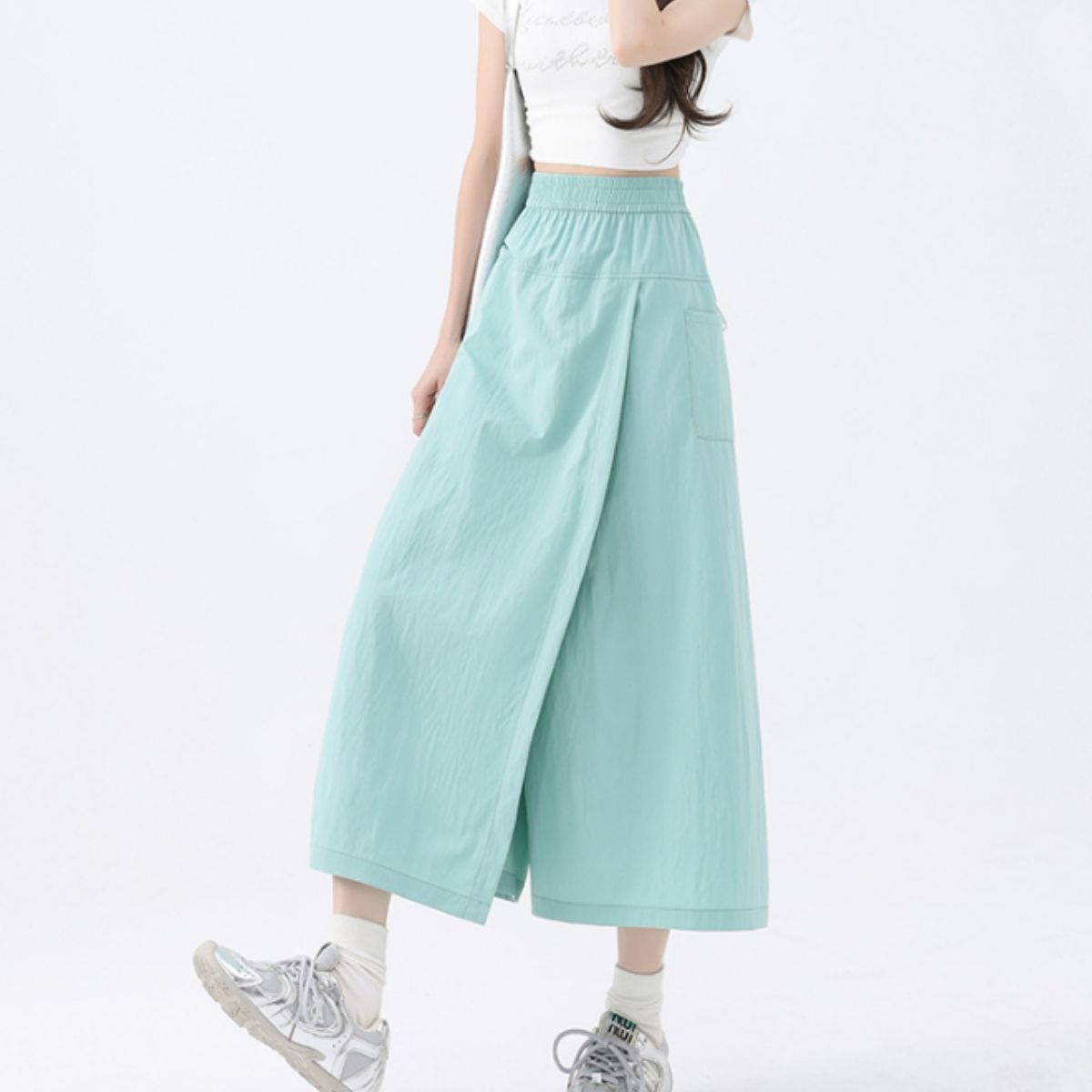ベルシー Belle Cie ガウチョ スカート ラップパンツ ウエストゴム ミモレ丈 春夏 レディース 韓国ファッション 無地 さらさら 楽ちん 体型カバー シンプル かわいい （ミントグリーン） ミントグリーン