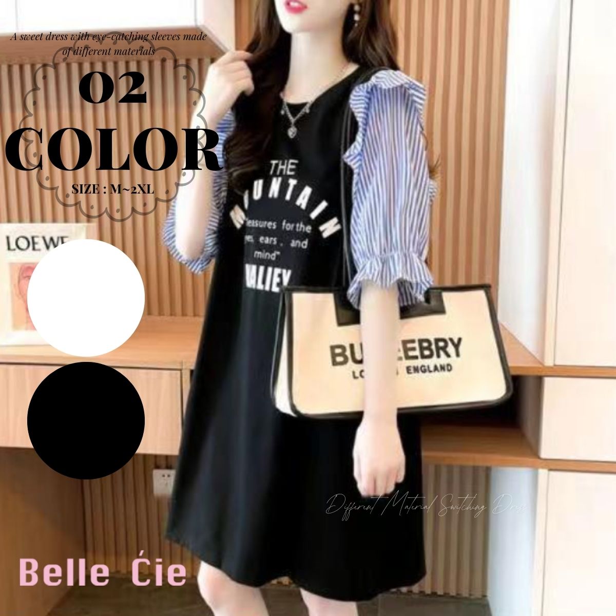 ベルシー Belle Cie ワンピース 半袖 ミニワンピース Aライン 異素材 ロゴ 切り替え レディース ボリューム袖 体型カバー ゆったり フェミニン ガーリー 韓国 春夏 （ブラック） ブラック