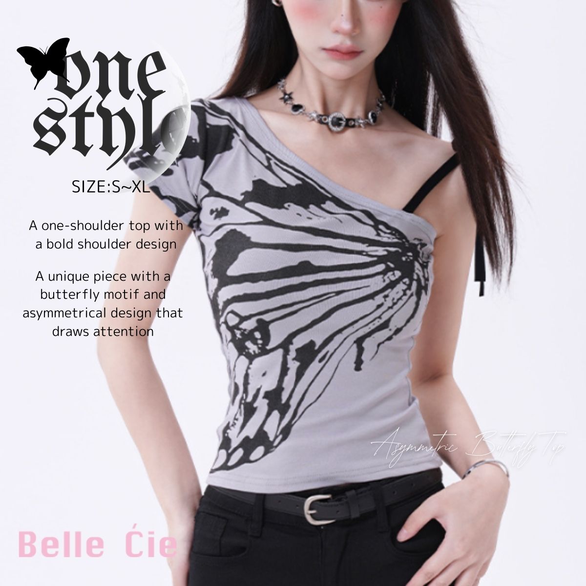 ベルシー Belle Cie Tシャツ トップス 半袖 ワンショル タイト アシンメトリー 夏 レディース 韓国ファッション バタフライ 蝶 おしゃれ Y2K ビジュアル系 細身 （ライトグレー） ライトグレー