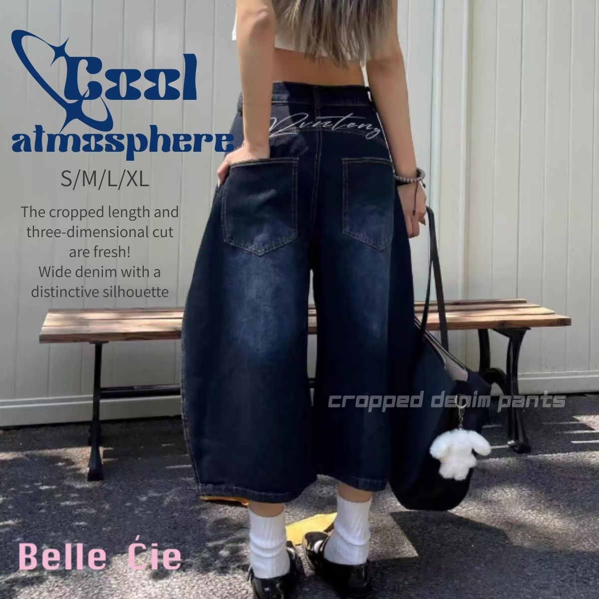 ベルシー Belle Cie デニムパンツ ワイドパンツ ジーンズ クロップド 半端丈 カーブ レディース 韓国ファッション ロゴ入り 立体カット Y2K ボリューム 個性派 夏 （ネイビー） ネイビー