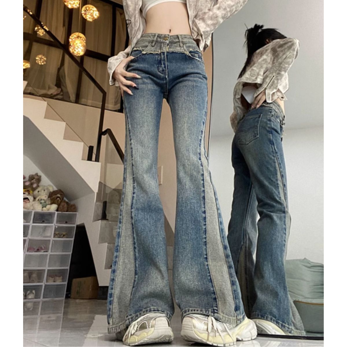 ベルシー Belle Cie デニムパンツ ベルボトム ブーツカット フレア ボトムス ロング レディース ジーンス 韓国ファッション Y2K バイカラー ビンテージ ツートーン （ネイビー） ネイビー