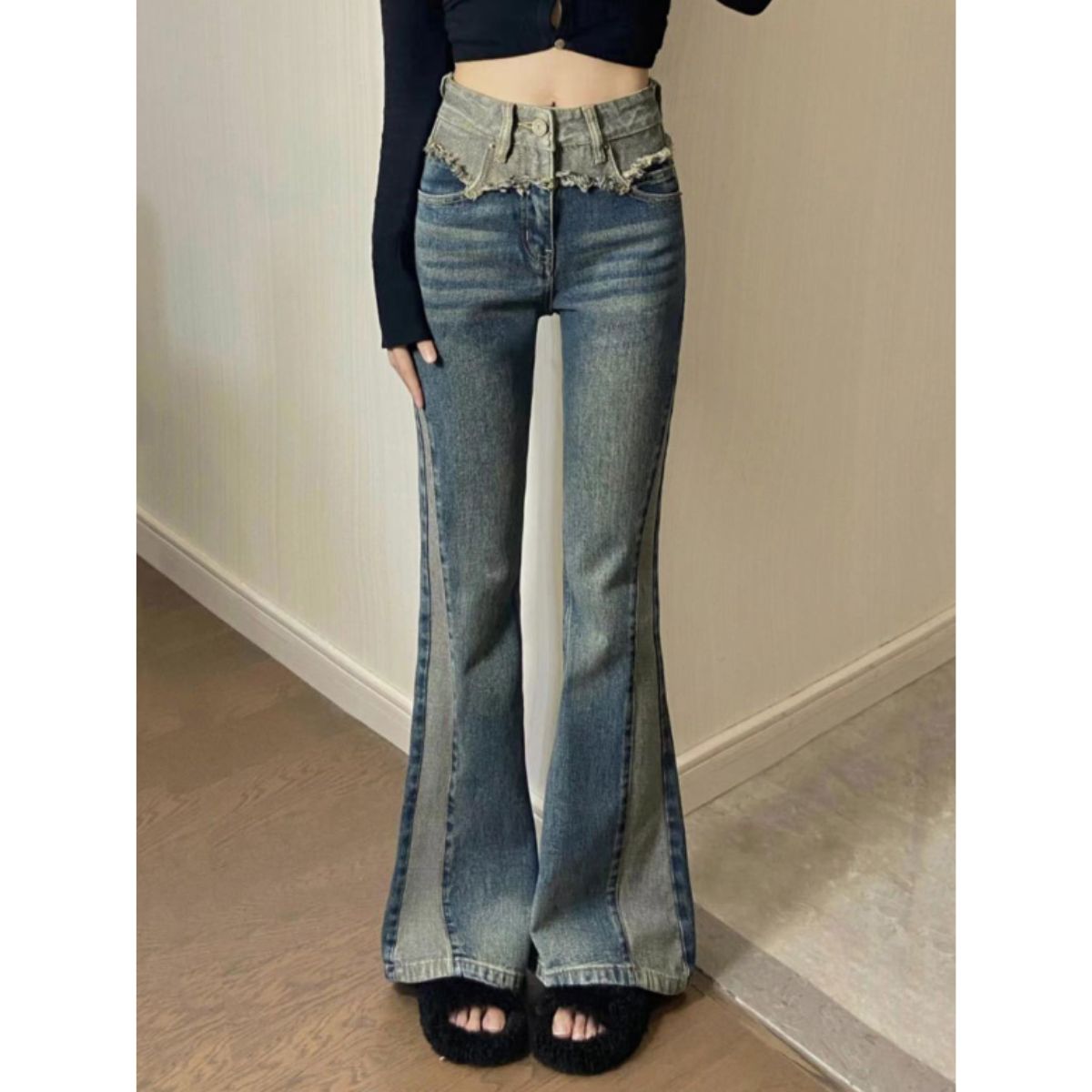 ベルシー Belle Cie デニムパンツ ベルボトム ブーツカット フレア ボトムス ロング レディース ジーンス 韓国ファッション Y2K バイカラー ビンテージ ツートーン （ネイビー） ネイビー