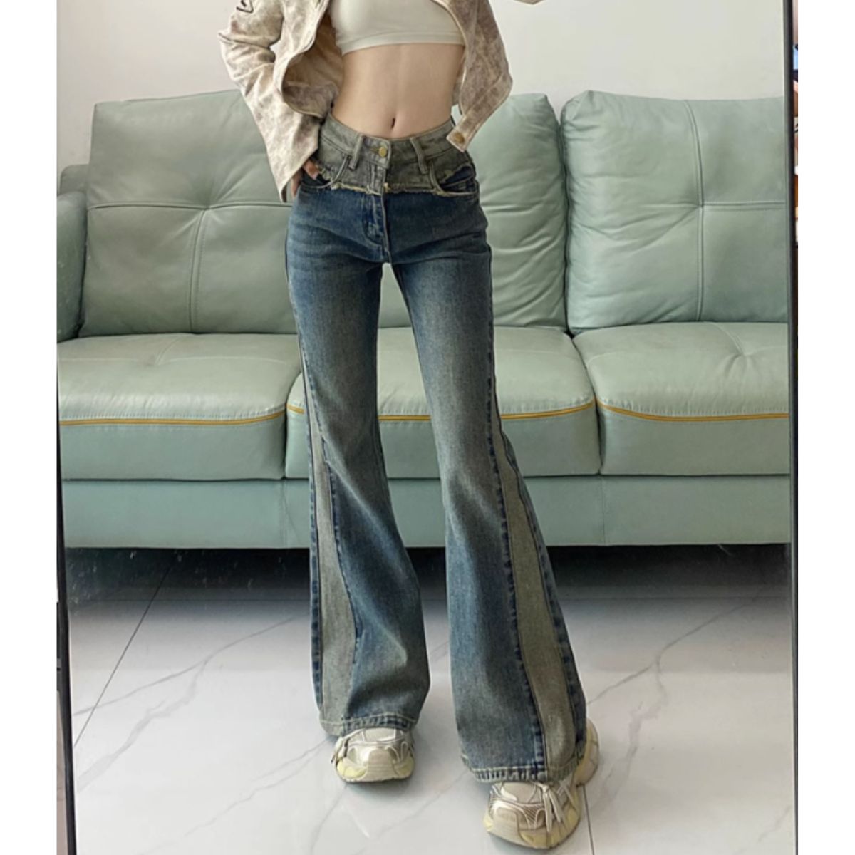ベルシー Belle Cie デニムパンツ ベルボトム ブーツカット フレア ボトムス ロング レディース ジーンス 韓国ファッション Y2K バイカラー ビンテージ ツートーン （ネイビー） ネイビー