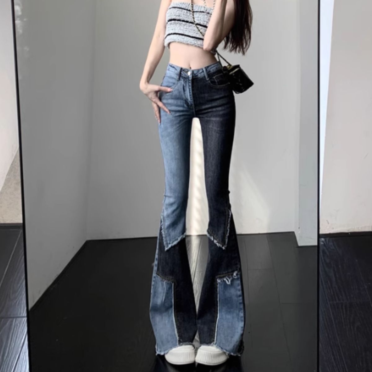 ベルシー Belle Cie デニムパンツ フレア ブーツカット ジーンズ パネル ボトムス レディース 韓国ファッション ビンテージ 個性派 リメイク風 Y2K パッチワーク （ネイビー） ネイビー