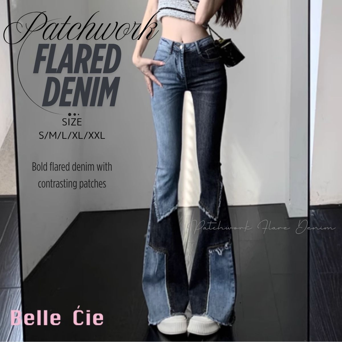 ベルシー Belle Cie デニムパンツ フレア ブーツカット ジーンズ パネル ボトムス レディース 韓国ファッション ビンテージ 個性派 リメイク風 Y2K パッチワーク （ネイビー） ネイビー