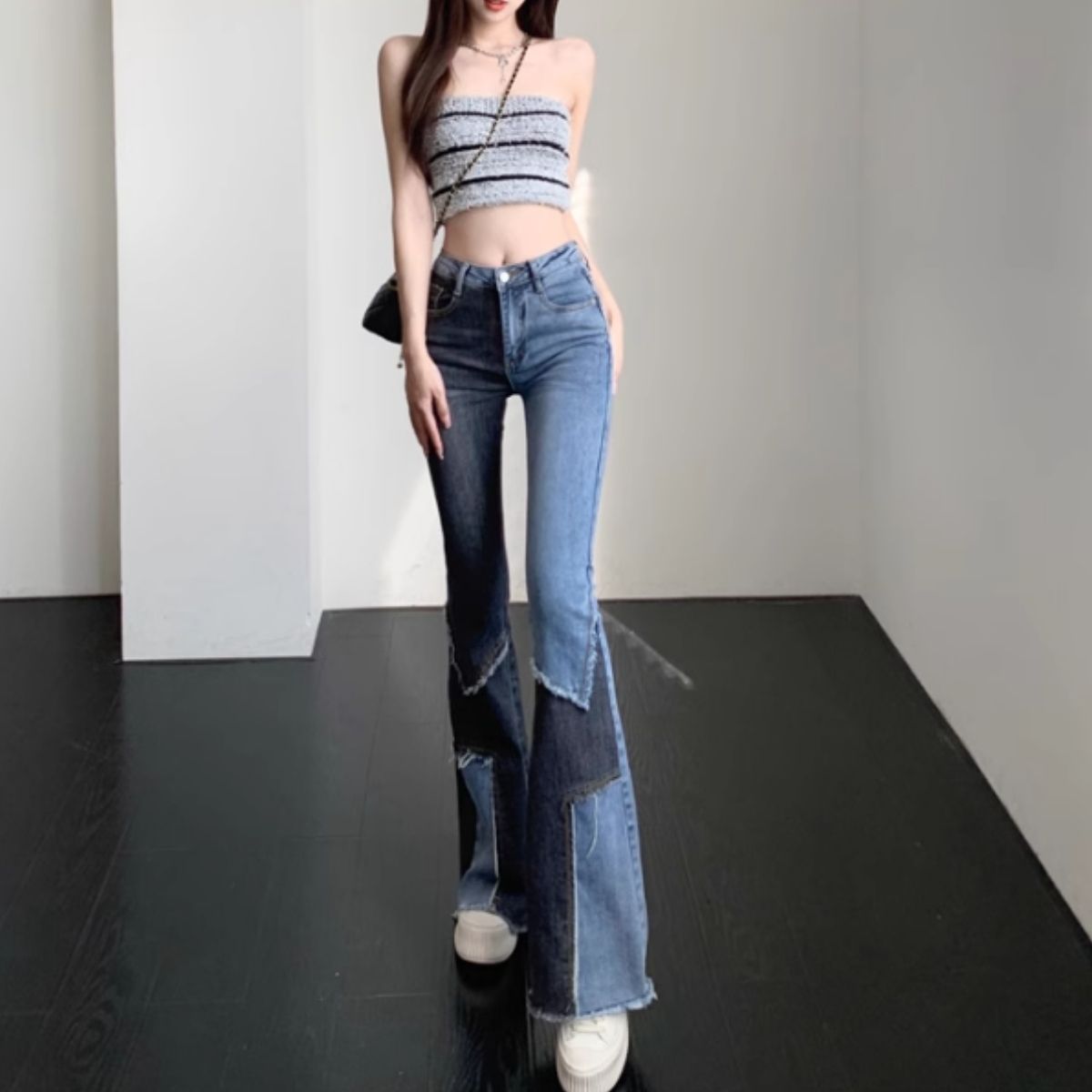 ベルシー Belle Cie デニムパンツ フレア ブーツカット ジーンズ パネル ボトムス レディース 韓国ファッション ビンテージ 個性派 リメイク風 Y2K パッチワーク （ネイビー） ネイビー