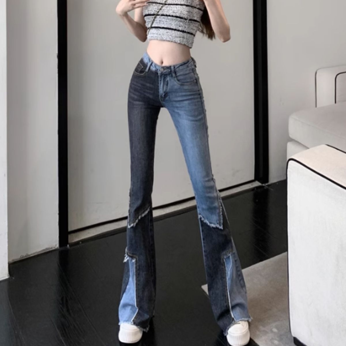 ベルシー Belle Cie デニムパンツ フレア ブーツカット ジーンズ パネル ボトムス レディース 韓国ファッション ビンテージ 個性派 リメイク風 Y2K パッチワーク （ネイビー） ネイビー