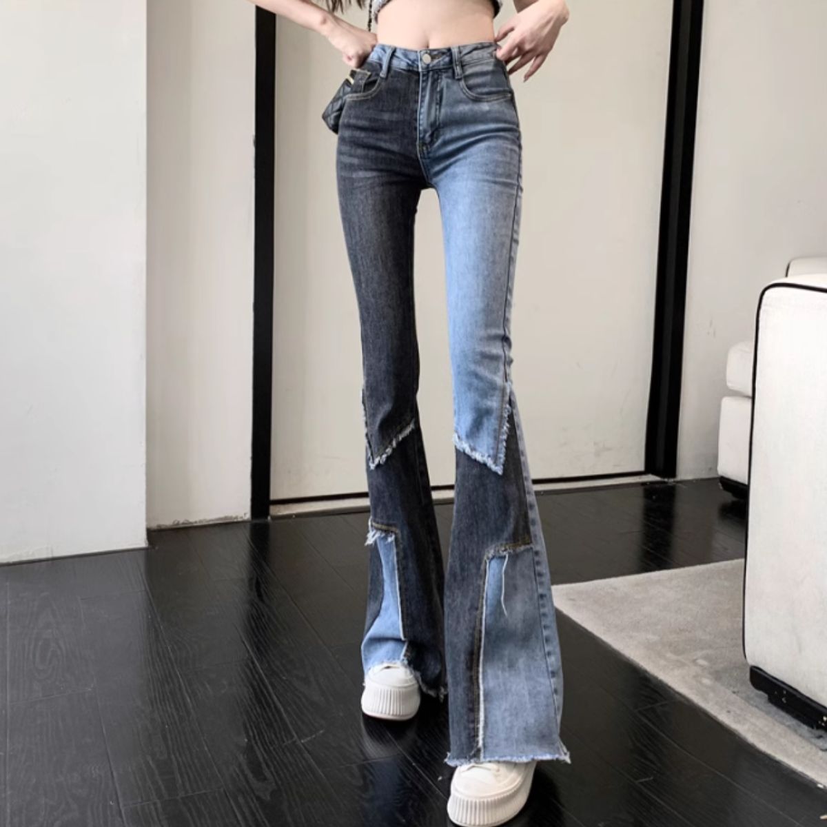 ベルシー Belle Cie デニムパンツ フレア ブーツカット ジーンズ パネル ボトムス レディース 韓国ファッション ビンテージ 個性派 リメイク風 Y2K パッチワーク （ネイビー） ネイビー