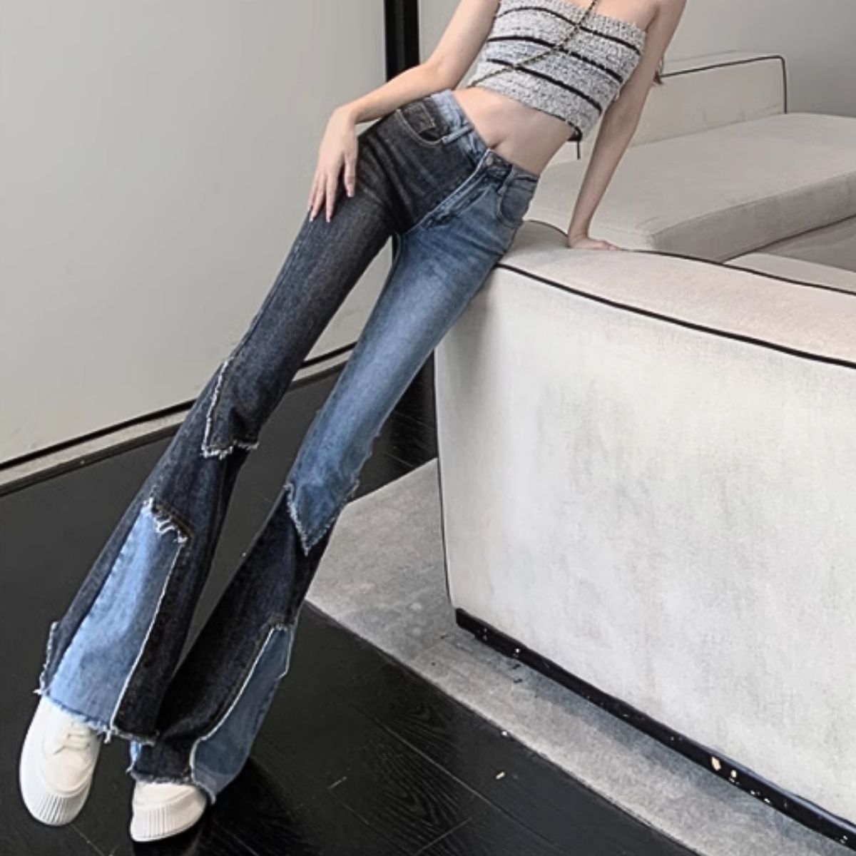 ベルシー Belle Cie デニムパンツ フレア ブーツカット ジーンズ パネル ボトムス レディース 韓国ファッション ビンテージ 個性派 リメイク風 Y2K パッチワーク （ネイビー） ネイビー