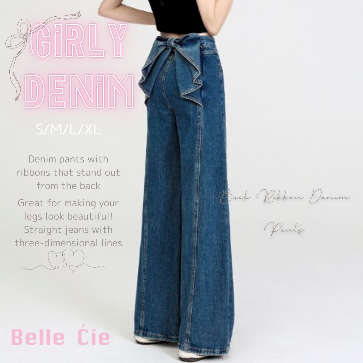 ベルシー Belle Cie デニムパンツ ストレート ボトムス ワイド リボン 美脚 ガーリー レディース 韓国ファッション ジーンズ 個性派 フェミニン 体型カバー おしゃれ （ネイビー） ネイビー