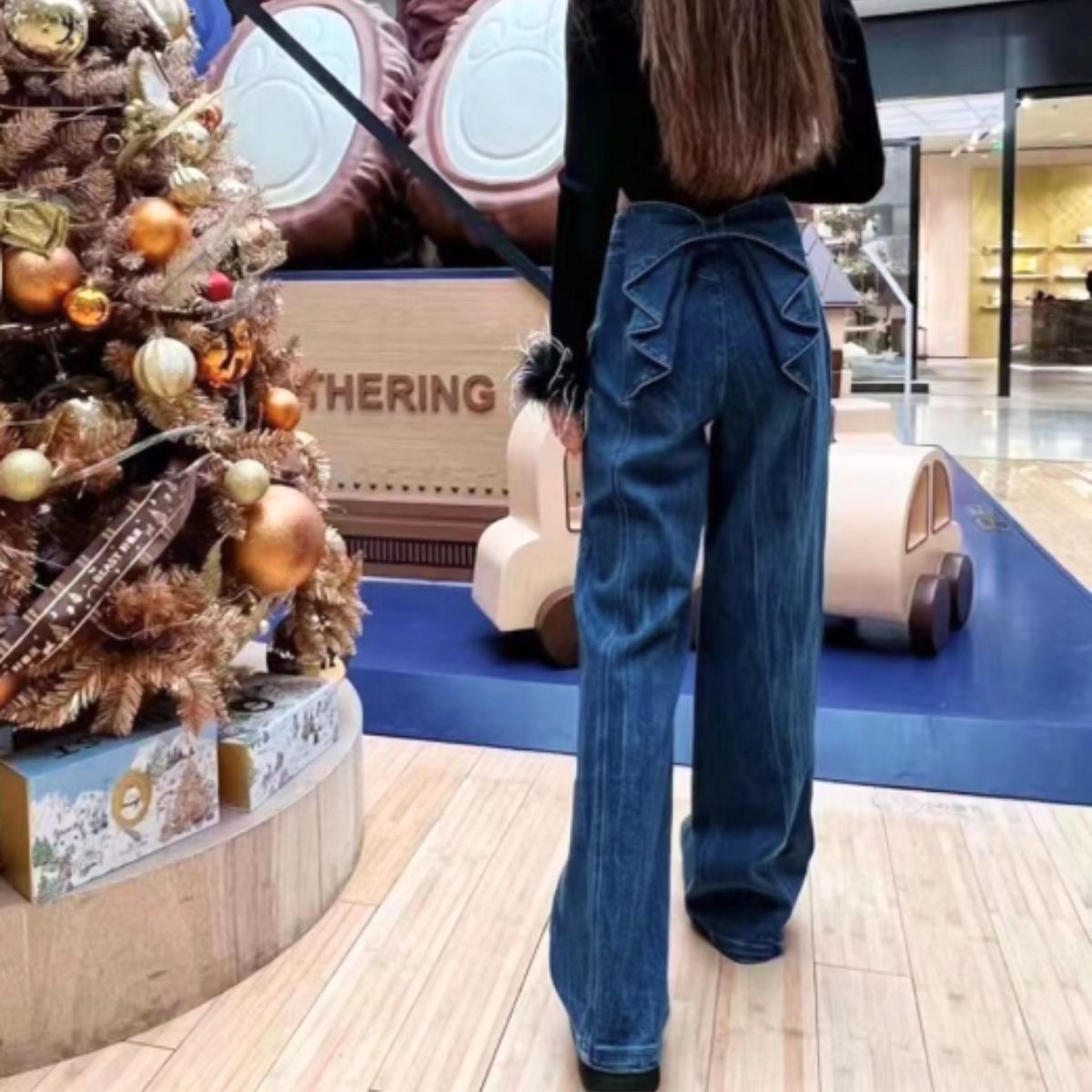ベルシー Belle Cie デニムパンツ ストレート ボトムス ワイド リボン 美脚 ガーリー レディース 韓国ファッション ジーンズ 個性派 フェミニン 体型カバー おしゃれ （ネイビー） ネイビー