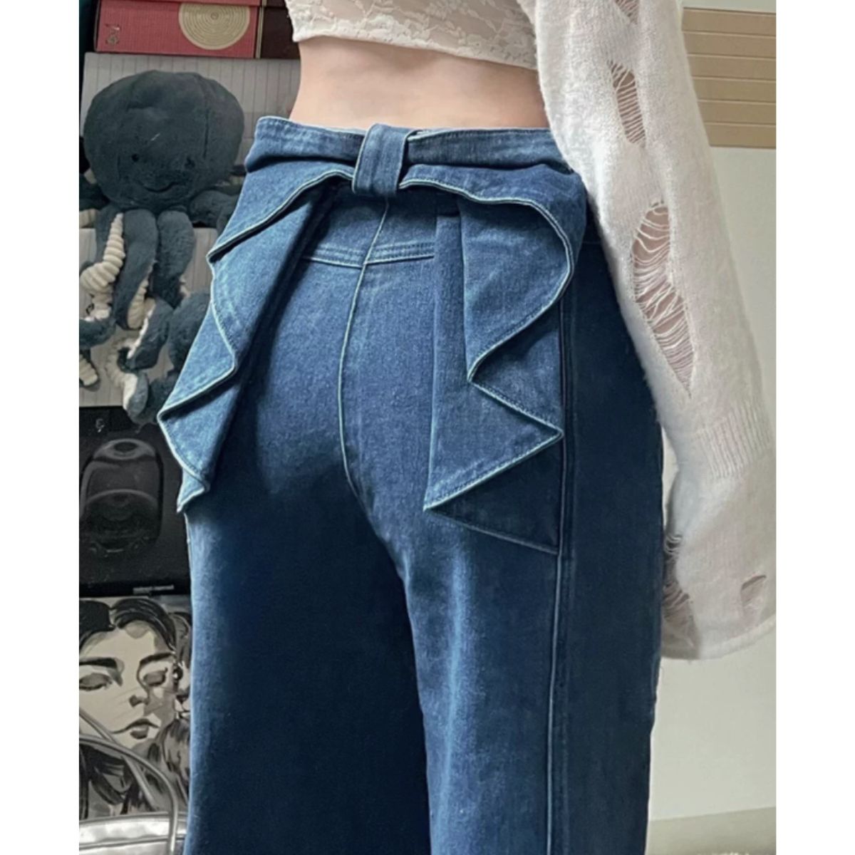 ベルシー Belle Cie デニムパンツ ストレート ボトムス ワイド リボン 美脚 ガーリー レディース 韓国ファッション ジーンズ 個性派 フェミニン 体型カバー おしゃれ （ネイビー） ネイビー