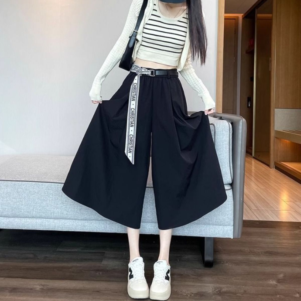 ベルシー Belle Cie ボトムス スカーチョ ガウチョ ワイドパンツ ベルト付き バギー レディース ウエストゴム シンプル リラックス 楽 おしゃれ かっこいい 涼しい （ブラック） ブラック
