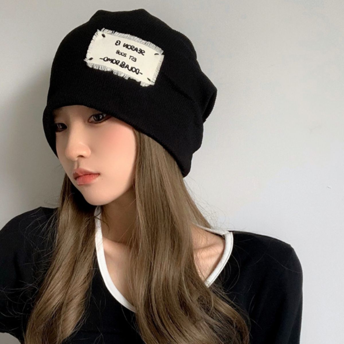 ベルシー Belle Cie 帽子 ビーニー キャップ ニット帽 ニットキャップ ゆるキャップ レディース 韓国ファッション ストリート カジュアル コンパクト ロゴ シンプル （ブラック） ブラック