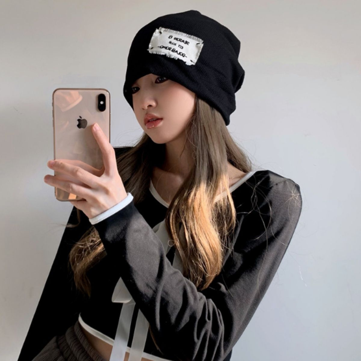 ベルシー Belle Cie 帽子 ビーニー キャップ ニット帽 ニットキャップ ゆるキャップ レディース 韓国ファッション ストリート カジュアル コンパクト ロゴ シンプル （ブラック） ブラック
