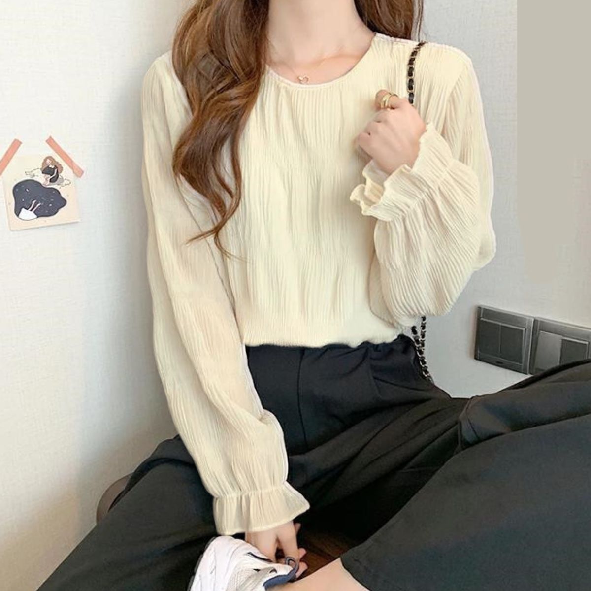 ベルシー Belle Cie シフォンブラウス 長袖 シアートップス 立体感 オフィスカジュアル レディース 韓国ファッション きれいめ シンプル 大人可愛い 白ブラウス 通勤 （アイボリー） アイボリー