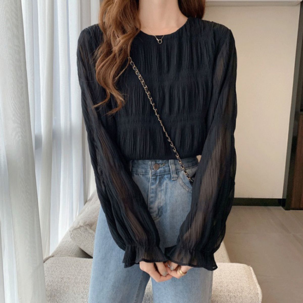 ベルシー Belle Cie シフォンブラウス 長袖 シアートップス 立体感 オフィスカジュアル レディース 韓国ファッション きれいめ シンプル 大人可愛い 白ブラウス 通勤 （アイボリー） アイボリー