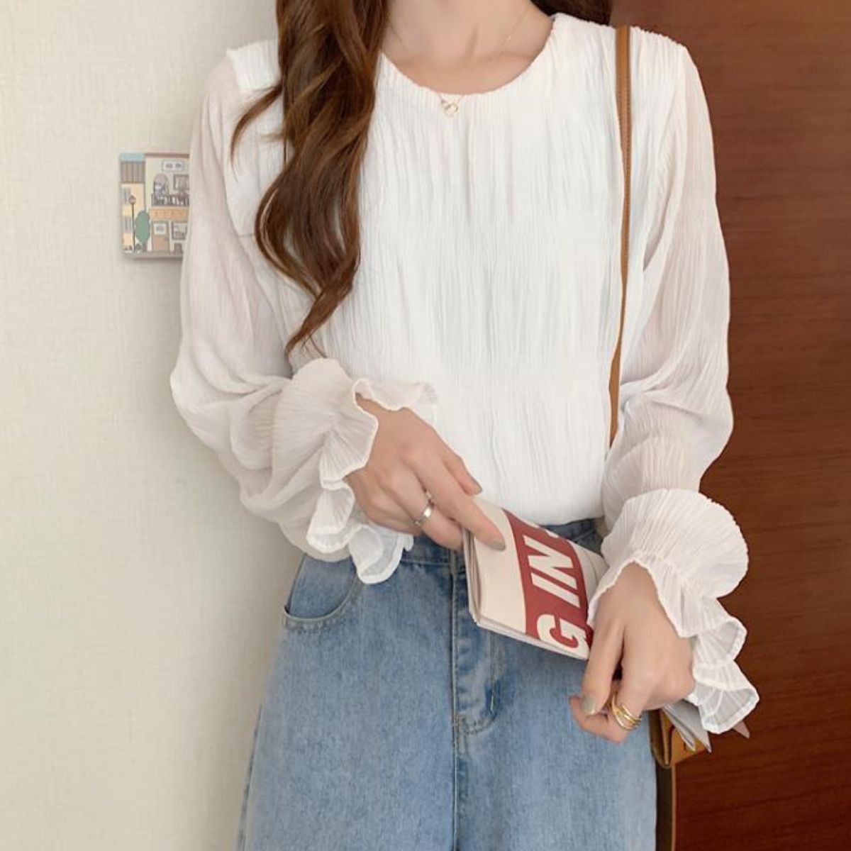 ベルシー Belle Cie シフォンブラウス 長袖 シアートップス 立体感 オフィスカジュアル レディース 韓国ファッション きれいめ シンプル 大人可愛い 白ブラウス 通勤 （ホワイト） ホワイト