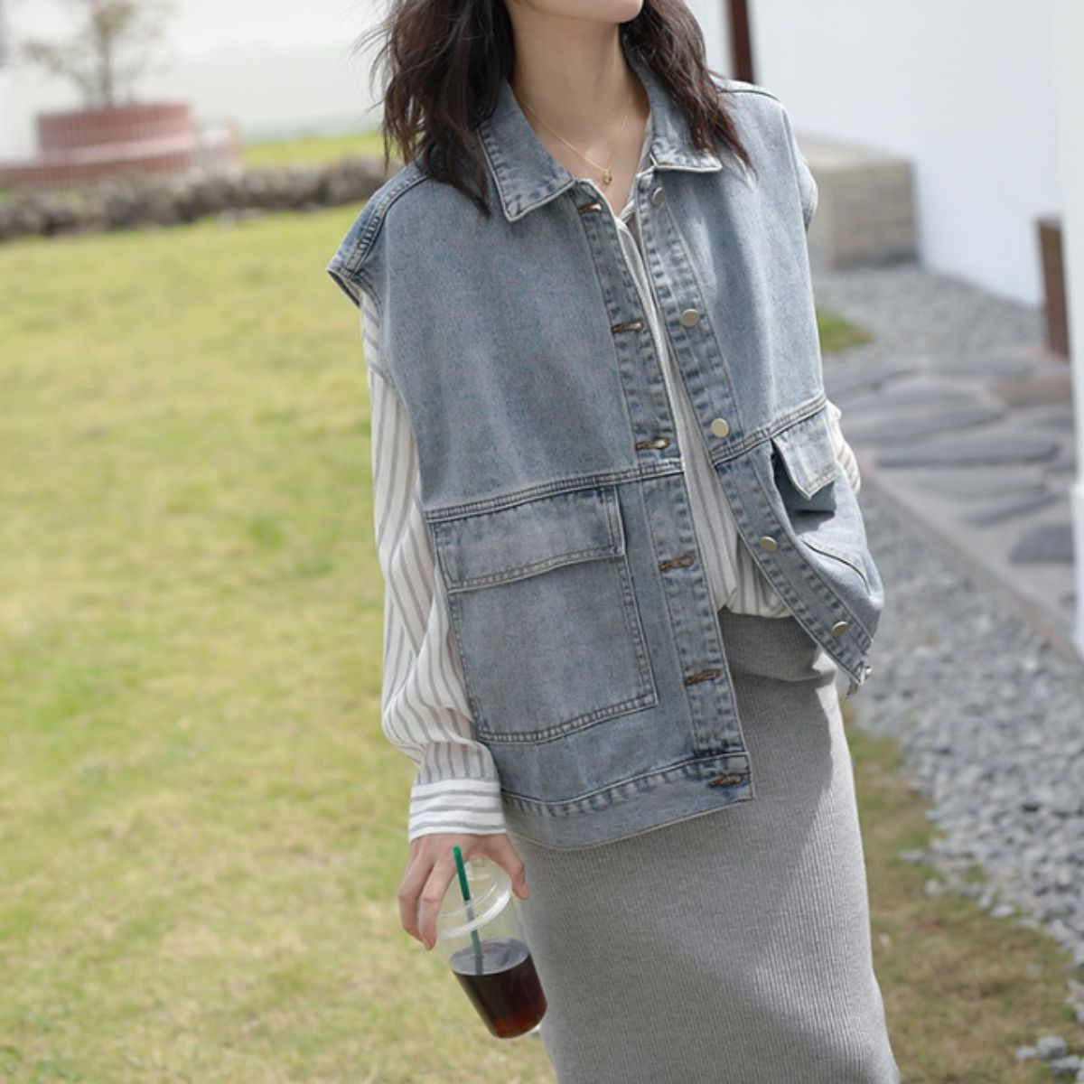ベルシー Belle Cie ベスト ジレ デニムベスト オーバーサイズ アメカジ ビンテージ  レディース アウター 羽織り 重ね着 ビッグポケット レトロ おしゃれ ゆったり （ブラック） ブラック