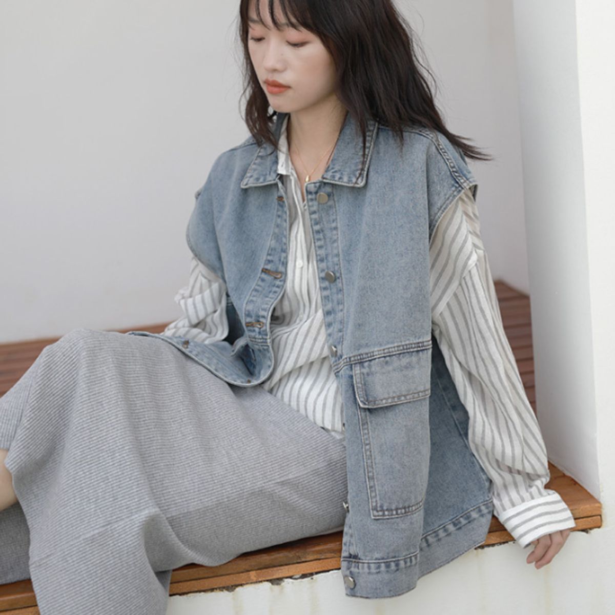ベルシー Belle Cie ベスト ジレ デニムベスト オーバーサイズ アメカジ ビンテージ  レディース アウター 羽織り 重ね着 ビッグポケット レトロ おしゃれ ゆったり （ブラック） ブラック
