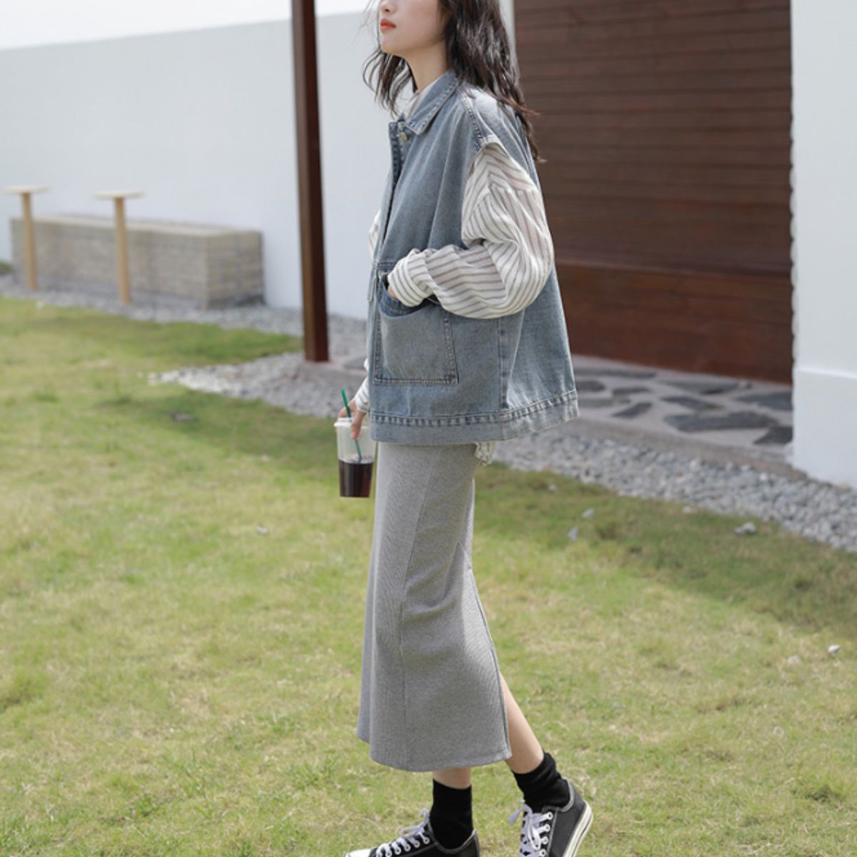 ベルシー Belle Cie ベスト ジレ デニムベスト オーバーサイズ アメカジ ビンテージ  レディース アウター 羽織り 重ね着 ビッグポケット レトロ おしゃれ ゆったり （ブラック） ブラック