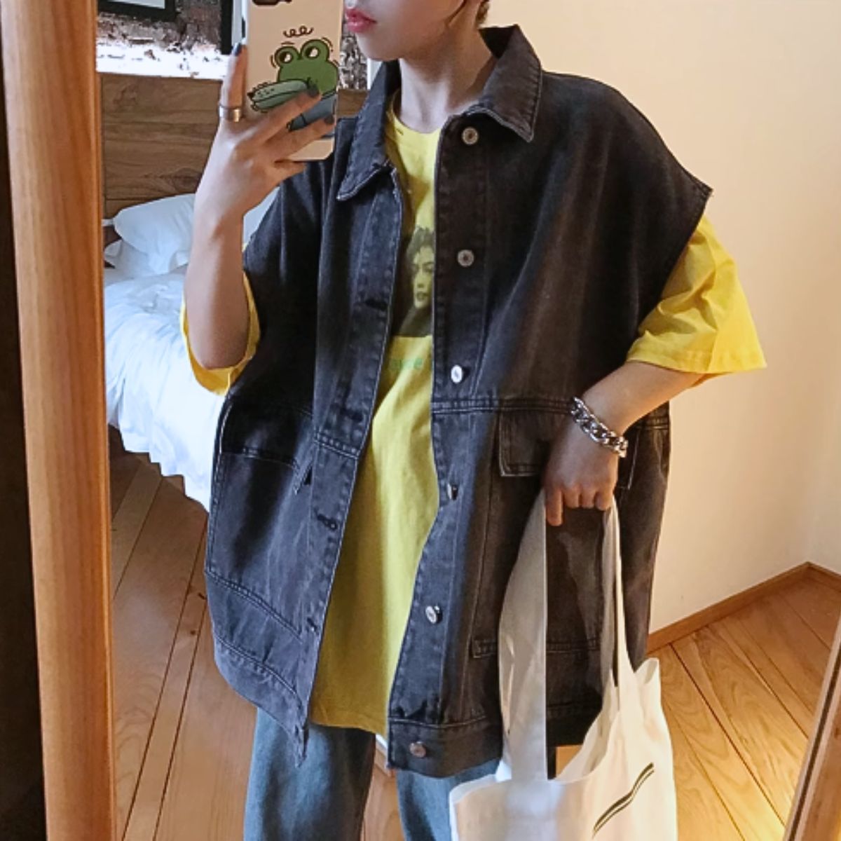 ベルシー Belle Cie ベスト ジレ デニムベスト オーバーサイズ アメカジ ビンテージ  レディース アウター 羽織り 重ね着 ビッグポケット レトロ おしゃれ ゆったり （ブラック） ブラック