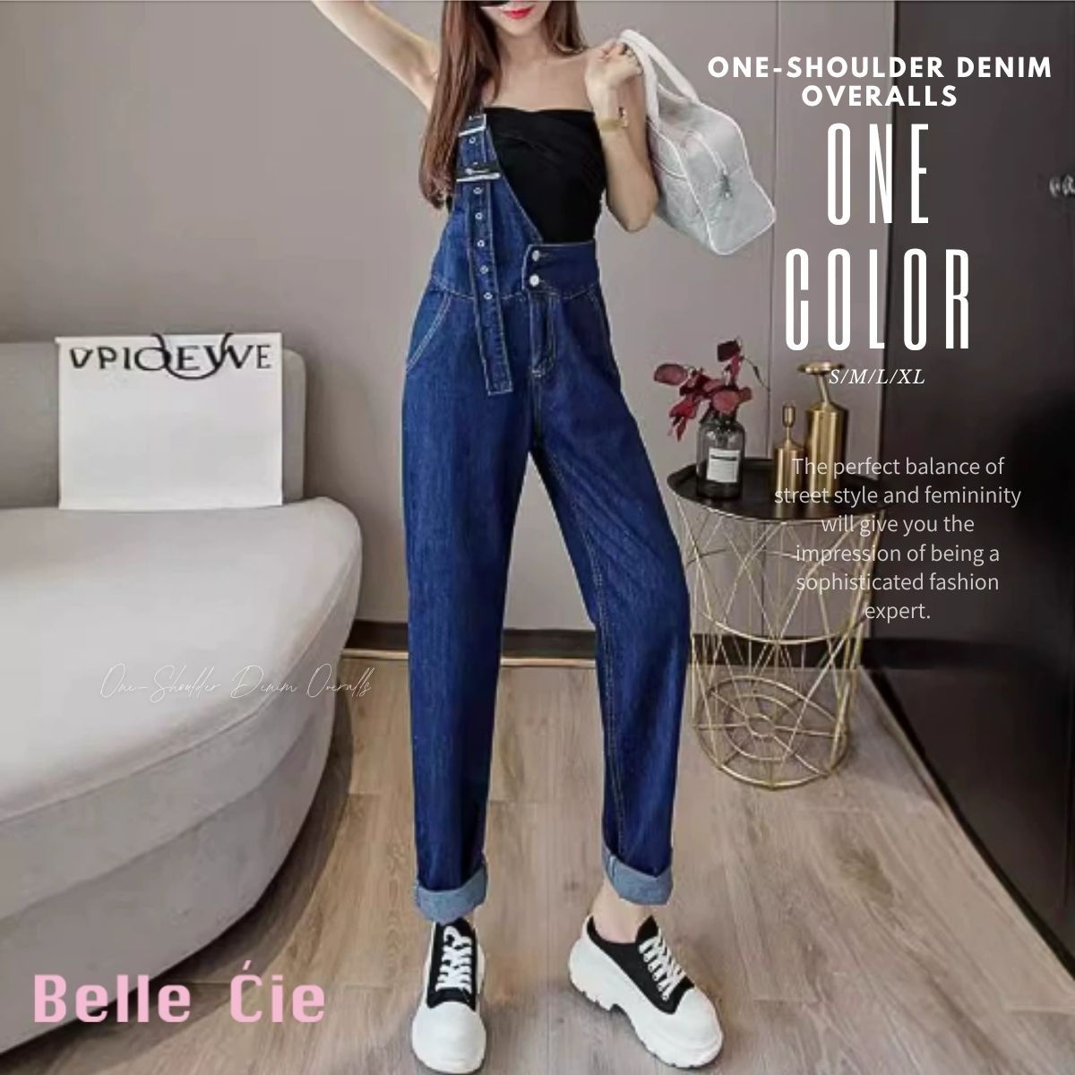 ベルシー Belle Cie デニムパンツ サロペット ワンショル 個性派 デニムサロペ レディース カジュアル 韓国ファッション ストリート ハイウエスト デニムサロペット （ネイビー） ネイビー