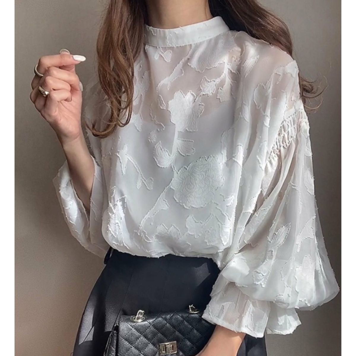 ベルシー Belle Cie シアーブラウス シアートップス ジャガード ボリューム袖 透け感 レディース 韓国ファッション フェミニン きれいめ オフィス 卒業式 入学式 春秋 （ホワイト） ホワイト