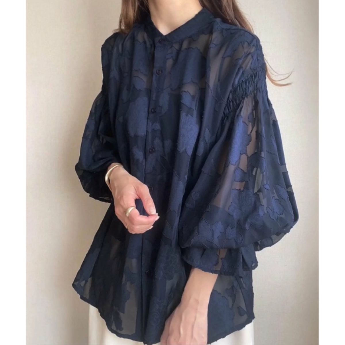 ベルシー Belle Cie シアーブラウス シアートップス ジャガード ボリューム袖 透け感 レディース 韓国ファッション フェミニン きれいめ オフィス 卒業式 入学式 春秋 （ホワイト） ホワイト
