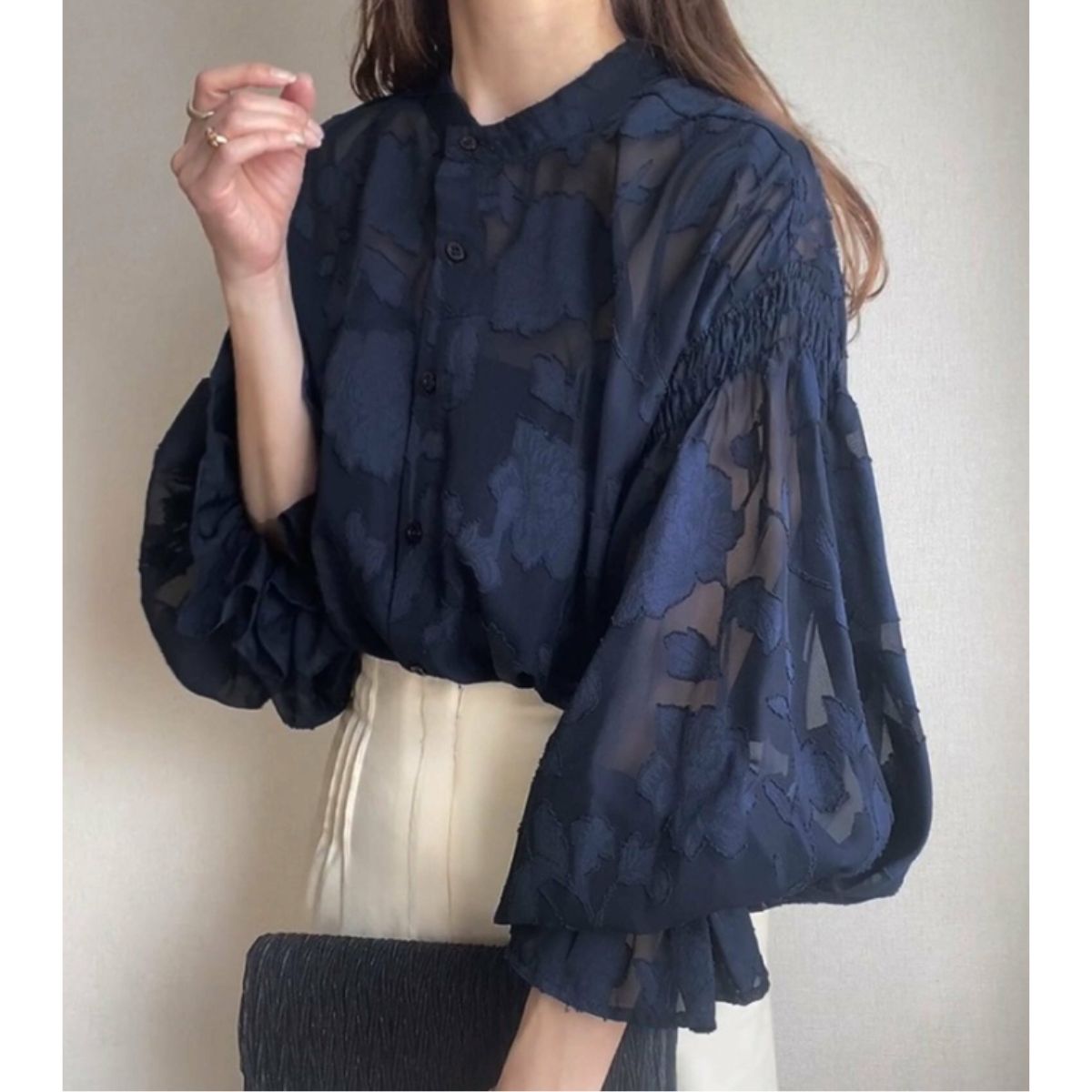 ベルシー Belle Cie シアーブラウス シアートップス ジャガード ボリューム袖 透け感 レディース 韓国ファッション フェミニン きれいめ オフィス 卒業式 入学式 春秋 （ネイビー） ネイビー