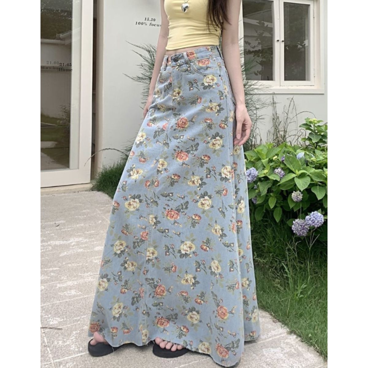 ベルシー Belle Cie スカート デニムスカート 花柄 レトロ マキシ丈 ロングスカート レディース 韓国ファッション ビンテージ おしゃれ 大人可愛い 体型カバー 春夏 （サックス） サックス