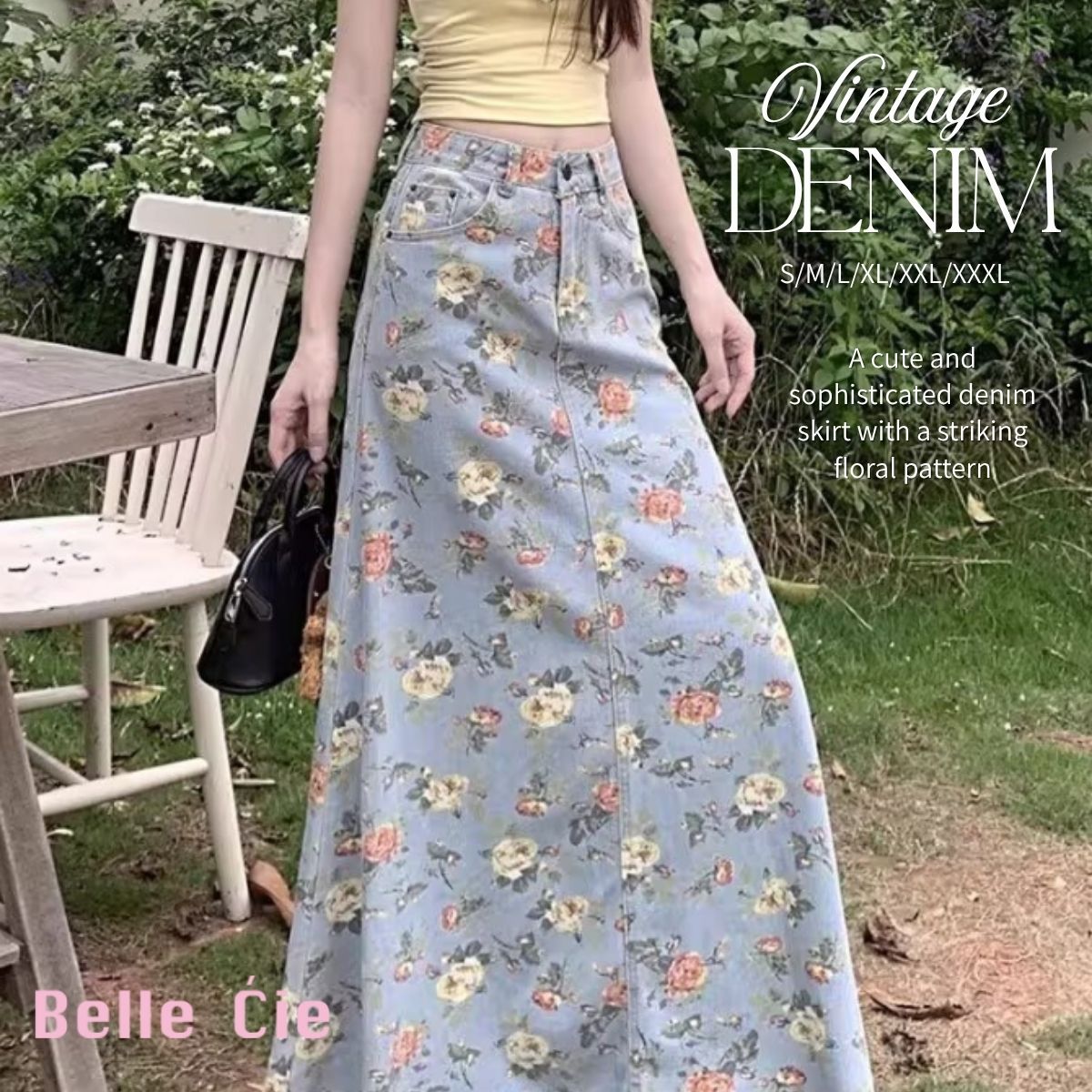 ベルシー Belle Cie スカート デニムスカート 花柄 レトロ マキシ丈 ロングスカート レディース 韓国ファッション ビンテージ おしゃれ 大人可愛い 体型カバー 春夏 （サックス） サックス