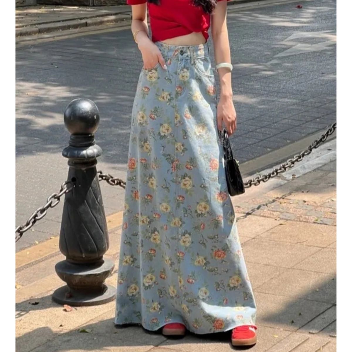 ベルシー Belle Cie スカート デニムスカート 花柄 レトロ マキシ丈 ロングスカート レディース 韓国ファッション ビンテージ おしゃれ 大人可愛い 体型カバー 春夏 （サックス） サックス
