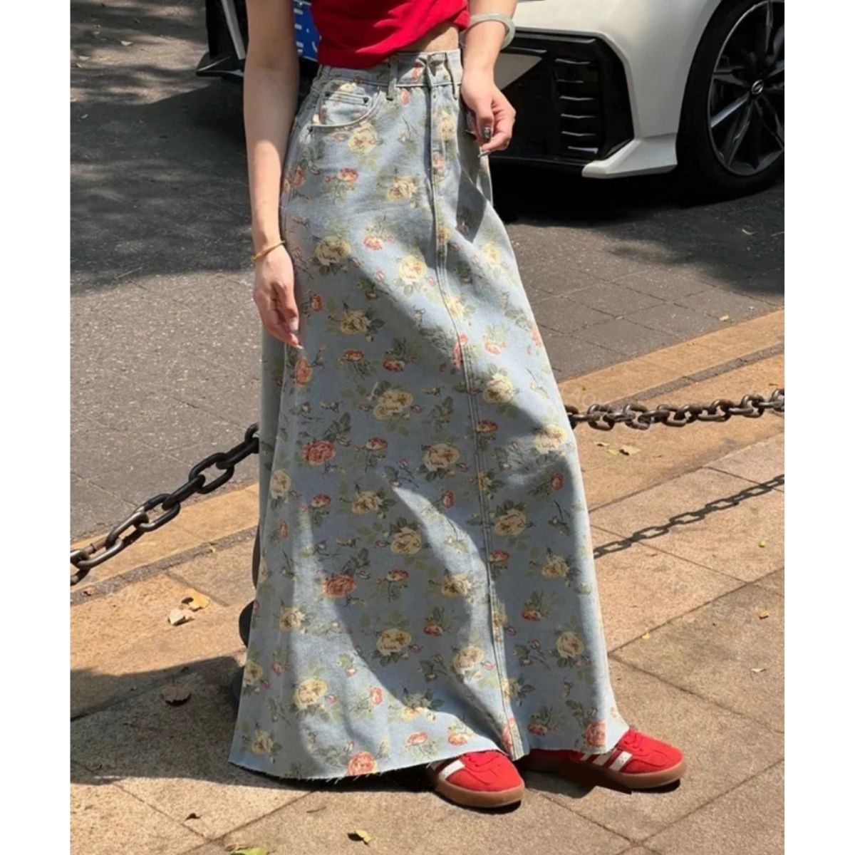 ベルシー Belle Cie スカート デニムスカート 花柄 レトロ マキシ丈 ロングスカート レディース 韓国ファッション ビンテージ おしゃれ 大人可愛い 体型カバー 春夏 （サックス） サックス