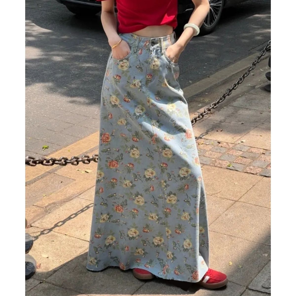 ベルシー Belle Cie スカート デニムスカート 花柄 レトロ マキシ丈 ロングスカート レディース 韓国ファッション ビンテージ おしゃれ 大人可愛い 体型カバー 春夏 （サックス） サックス