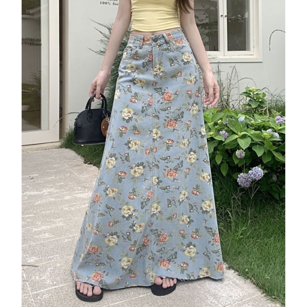 ベルシー Belle Cie スカート デニムスカート 花柄 レトロ マキシ丈 ロングスカート レディース 韓国ファッション ビンテージ おしゃれ 大人可愛い 体型カバー 春夏 （サックス） サックス